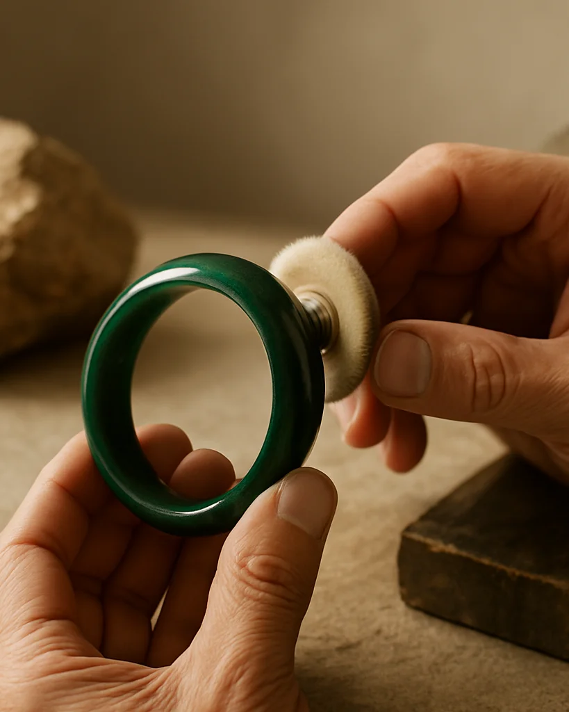 Wide editorial jewelry photograph of a craftsman's hands carefull